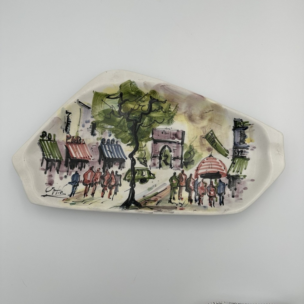 Vintage Hand Painted Ceramic Decorative Plate Parisian City Scene Signed Italy